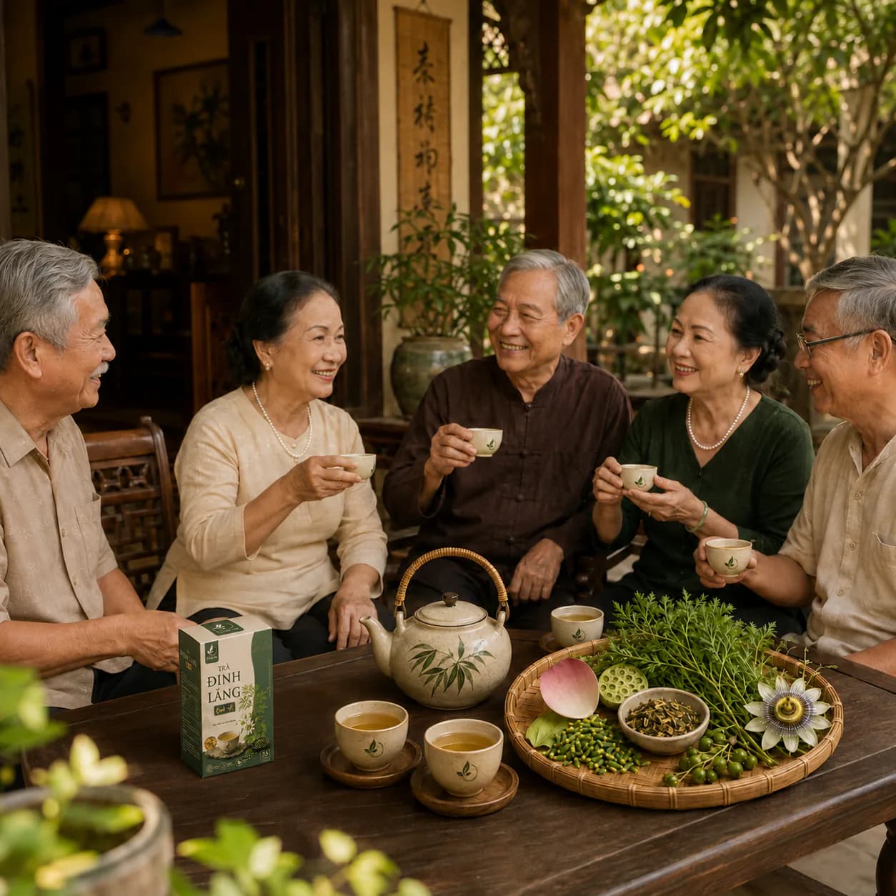 Gia đình nhiều thế hệ cùng thưởng Trà Đinh Lăng Bát Vị Thảo An