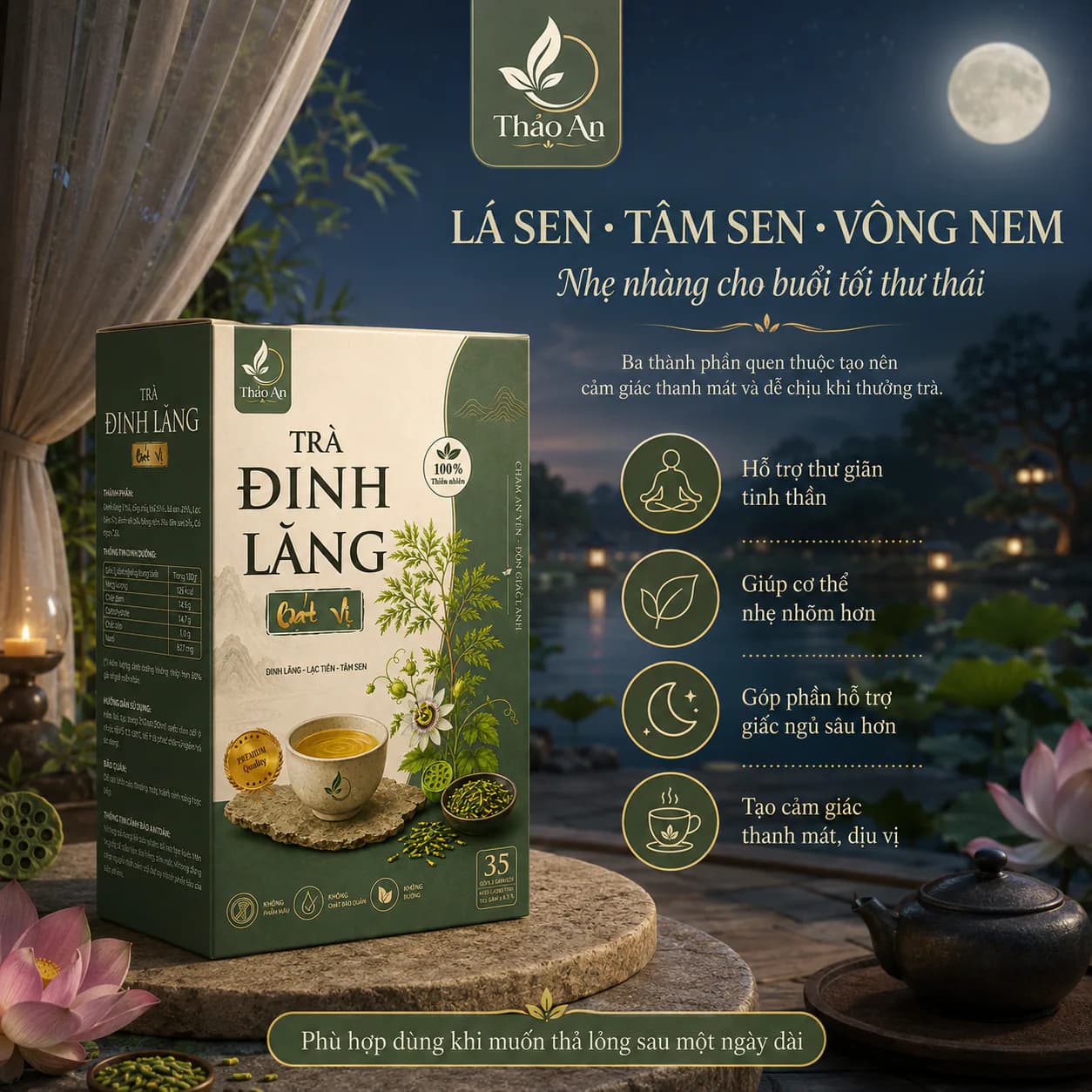Thông tin về lá sen, tâm sen và vông nem trong Trà Đinh Lăng Bát Vị